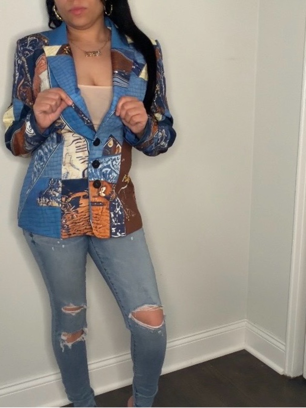 STYLEWE Patchwork Blazer Jacket in Blue, Brown & Cream